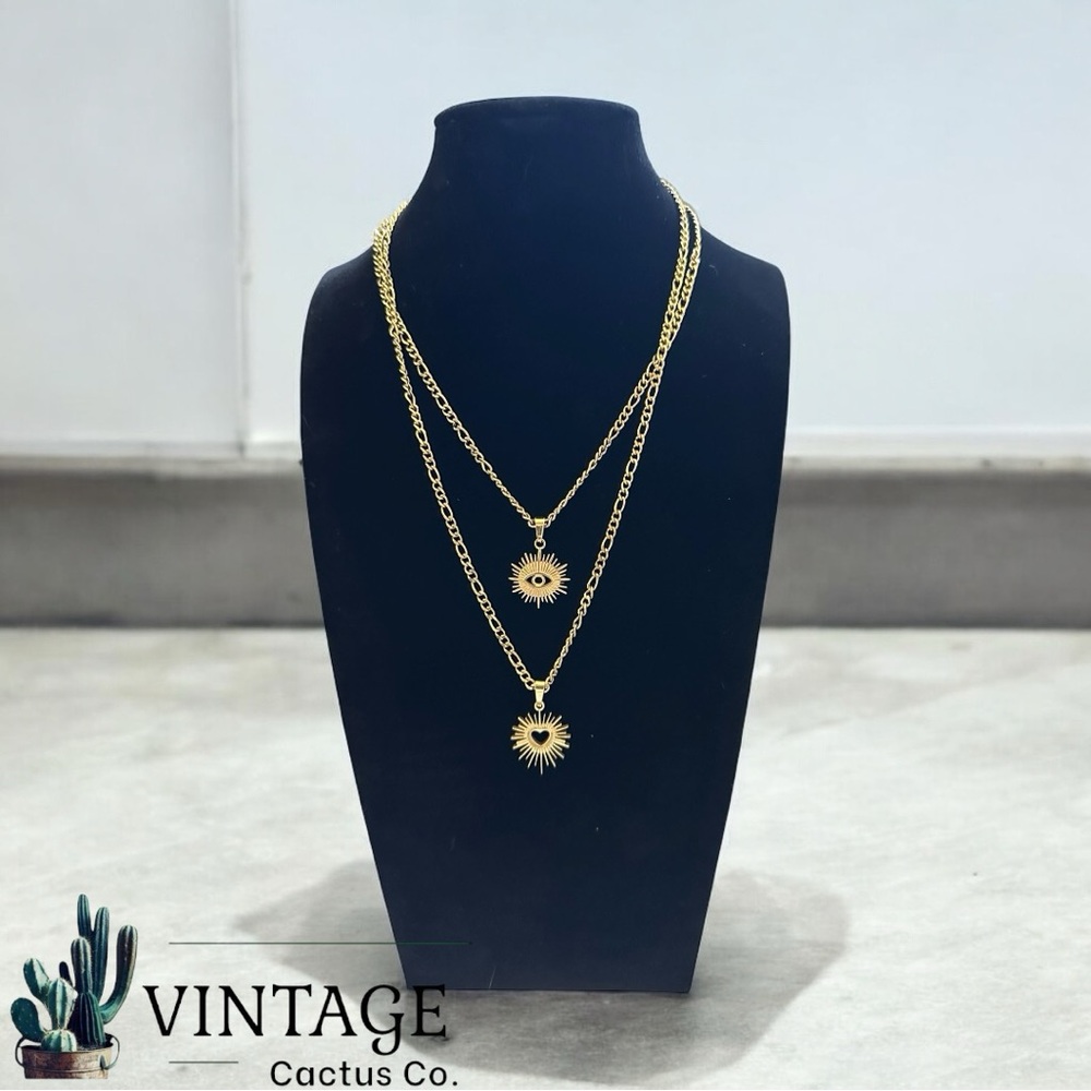 New! 18k Gold 2-Piece Evil Eye Sun Burst & Heart Pendant Necklace Laying Set